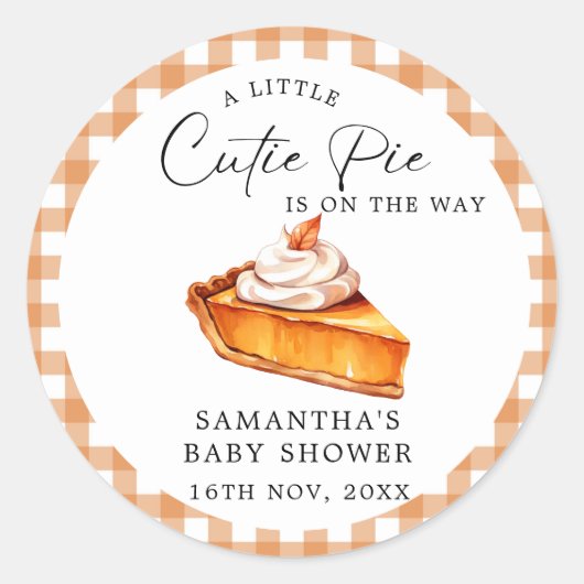 Cutie Pie Pumpkin Herfst Gingham Baby shower Ronde Sticker (Voorkant)