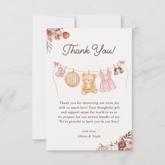 Cutie Pie Roze Herfst Teddy Bear Meisje Baby showe Bedankkaart (Voorkant)