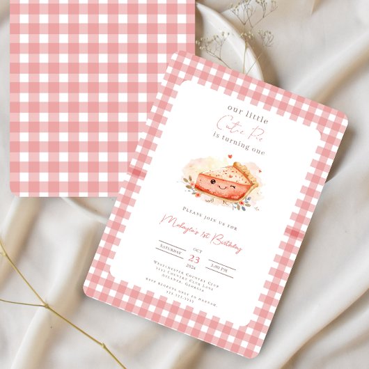 Cutie Pie Rustic Pink Gingham 1st Birthday Invitat Kaart
