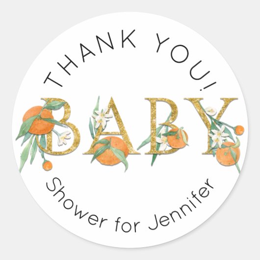 Cutie Sinaasappel Bloemen Groen Dank u Baby shower Ronde Sticker (Voorkant)