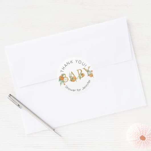Cutie Sinaasappel Bloemen Groen Dank u Baby shower Ronde Sticker (Envelop)