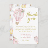 Cuties Flower Hot Air ballonmeisje, 1e verjaardag Bedankkaart (Voorkant / Achterkant)