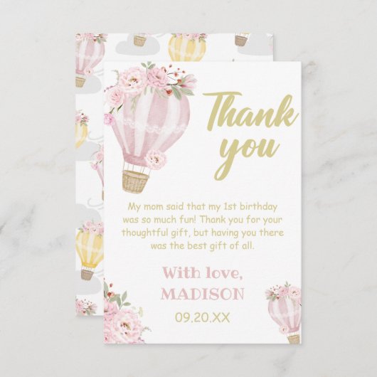 Cuties Flower Hot Air ballonmeisje, 1e verjaardag Bedankkaart (Voorkant / Achterkant)