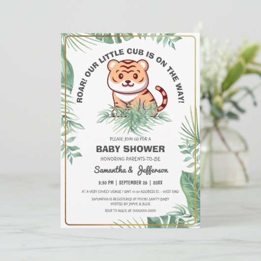 Cuties Greenery Tropical Forest Tiger Baby shower Kaart (Staand voorkant)