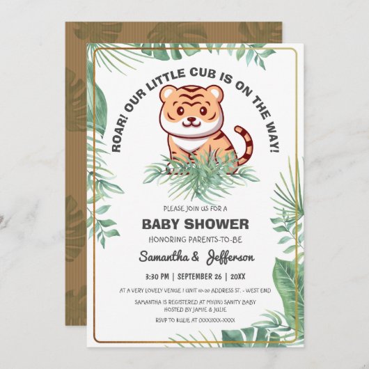 Cuties Greenery Tropical Forest Tiger Baby shower Kaart (Voorkant / Achterkant)