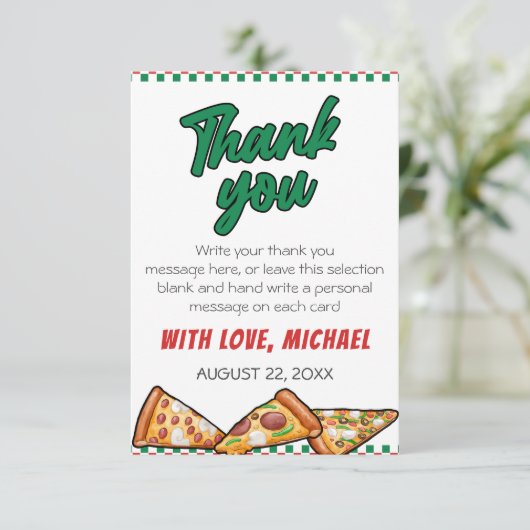 Cuties Pizza Party Red Green Caro 5th Birthday Bedankkaart (Staand voorkant)