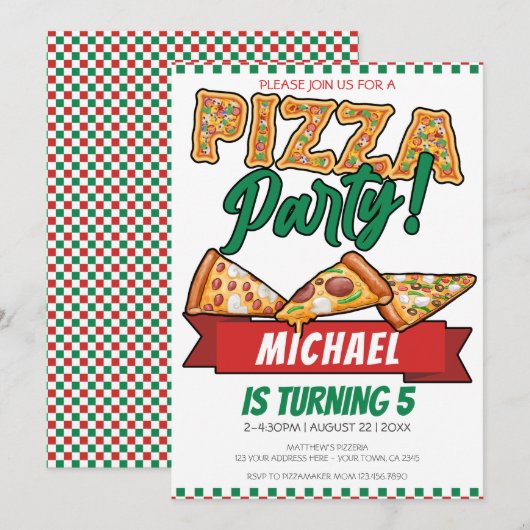 Cuties Pizza Party Red Green Caro 5th Birthday Kaart (Voorkant / Achterkant)