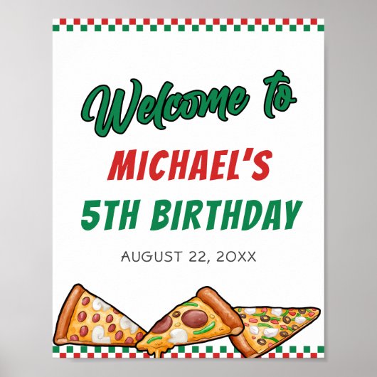 Cuties Pizza Party Red Green Caro 5th Birthday Poster (Voorkant)
