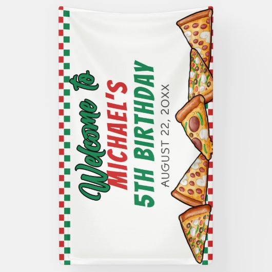 Cuties Pizza Party Red Green Caro 5th Birthday Spandoek (Verticaal)