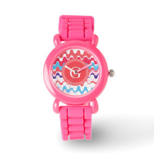 Cutkleurig roze rood abstract monogram patroon horloge