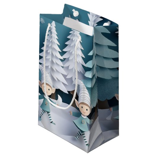 Cutout Elves in the Snow Christmas  Klein Cadeauzakje (Voorkant Gekanteld)