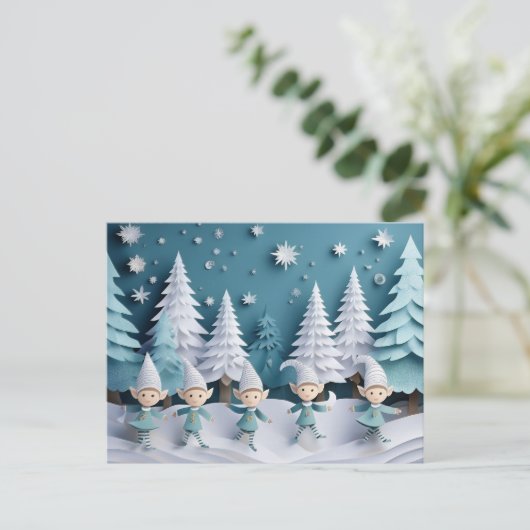 Cutout Elves in the Snow Personalized Christmas  Feestdagenkaart (Staand voorkant)