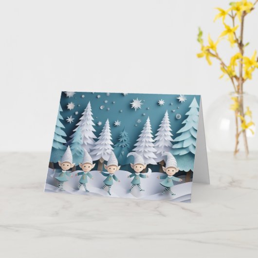 Cutout Elves in the Snow Personalized Christmas  Kaart (Gele Bloem)