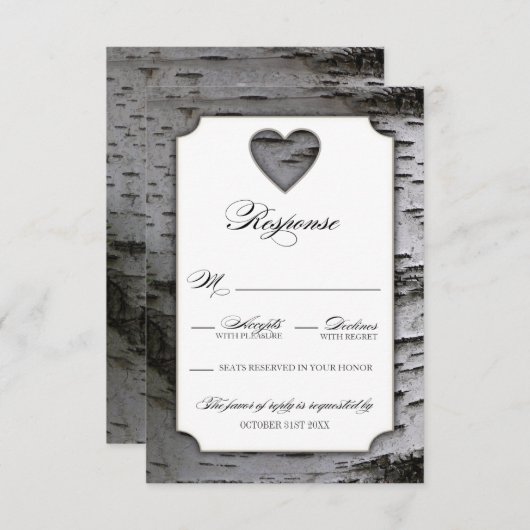 Cutout Heart Birch Tree Bark Wedding RSVP Kaarten (Voorkant / Achterkant)