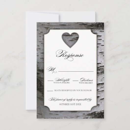 Cutout Heart Birch Tree Bark Wedding RSVP Kaarten Kaartje (Voorkant)