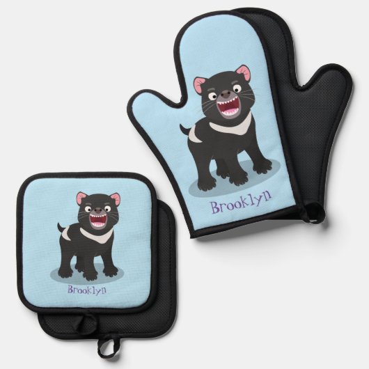 Cutrovende Tasmaanse duivelse cartoon illustratie Ovenwant & Pannenlap Set (Voorkant / Achterkant)