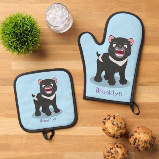 Cutrovende Tasmaanse duivelse cartoon illustratie Ovenwant & Pannenlap Set (Top down)