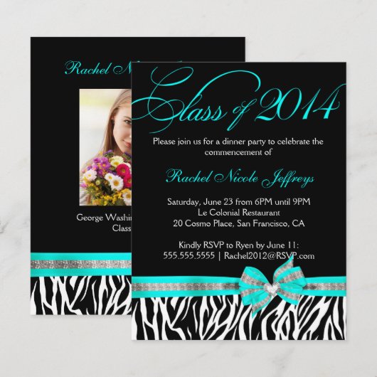 [CWR Tonya G] Zwart wit Blauwgroen Zebra Afstudere Kaart (Voorkant / Achterkant)