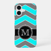 Cyaan Blauw, Grijs, Zwart Chevron, Monogram iPhone 16 Hoesje (Achterkant)