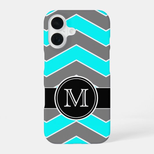 Cyaan Blauw, Grijs, Zwart Chevron, Monogram iPhone 16 Hoesje (Achterkant)