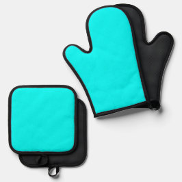 Cyaan Blauw Groen Turquoise Stevige Kleur Ovenwant & Pannenlap Set