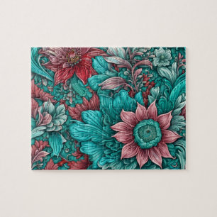 Cyaan bloemen Surreal bloesems in rood en blauw Legpuzzel