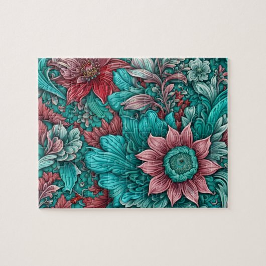 Cyaan bloemen Surreal bloesems in rood en blauw Legpuzzel (Horizontaal)