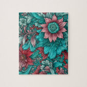 Cyaan bloemen Surreal bloesems in rood en blauw Legpuzzel (Verticaal)