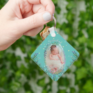 Cyaan Bloemige Op Maat Gemaakte Neutrale Baby Naam Sleutelhanger