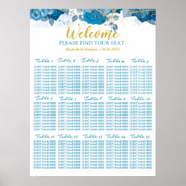 Cyaan Blue and Gold Floral Wedding Seating Chart Poster