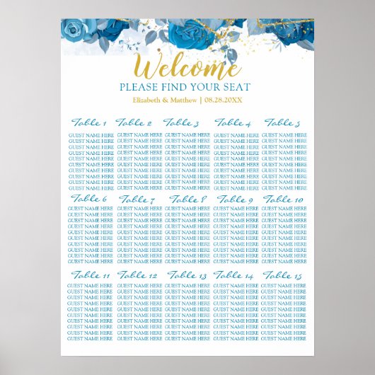 Cyaan Blue and Gold Floral Wedding Seating Chart Poster (Voorkant)