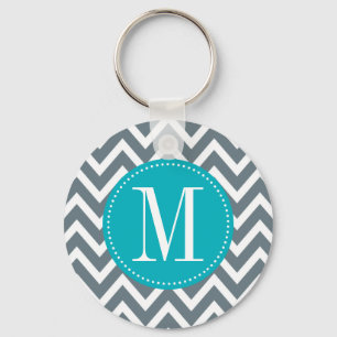 Cyaan Blue en Gray Chevron Custom Monogram Sleutelhanger