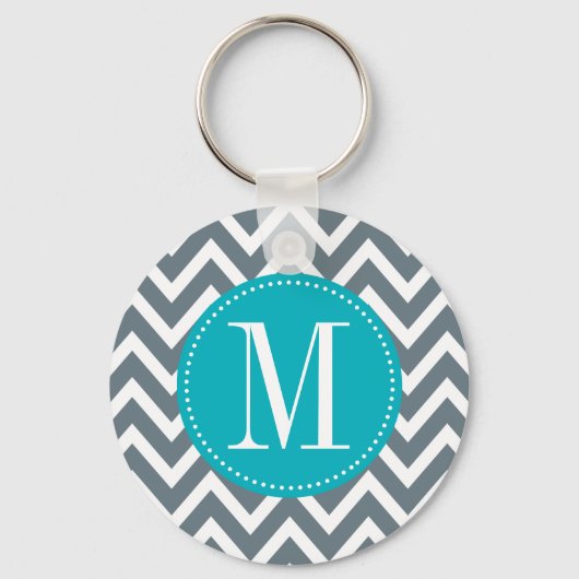 Cyaan Blue en Gray Chevron Custom Monogram Sleutelhanger (Voorkant)