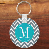 Cyaan Blue en Gray Chevron Custom Monogram Sleutelhanger (Voorkant)