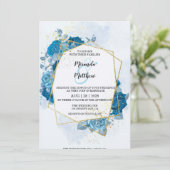 Cyaan Blue Florals Gold Geometric Wedding Kaart (Staand voorkant)