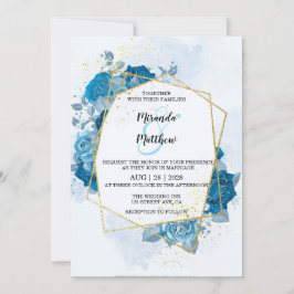 Cyaan Blue Florals Gold Geometric Wedding Kaart