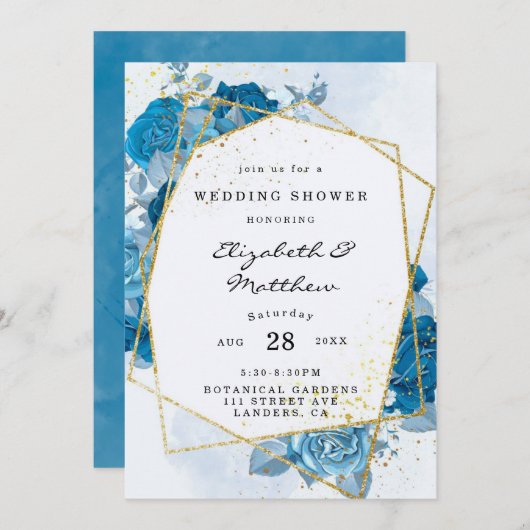 Cyaan Blue Florals Gold Geometric Wedding Shower Kaart (Voorkant / Achterkant)