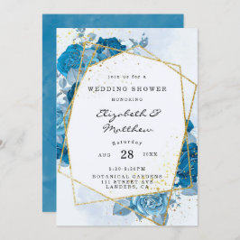 Cyaan Blue Florals Gold Geometric Wedding Shower Kaart