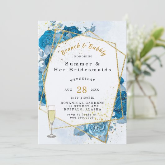 Cyaan Blue Gold Geometric Brunch en Bubble Kaart (Staand voorkant)