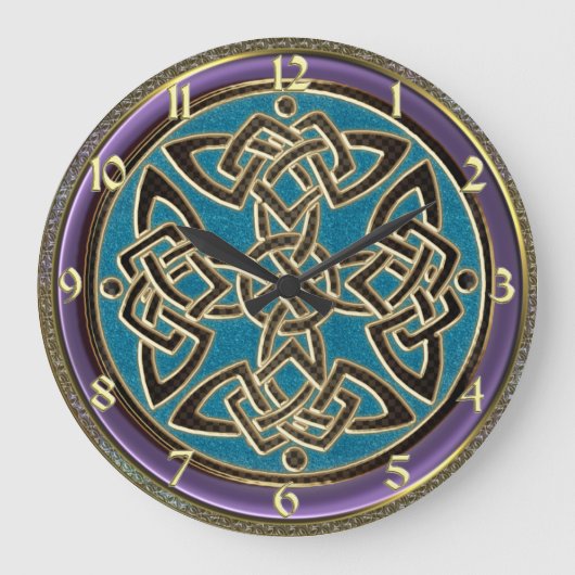 Cyaan Blue, Paars and Gold Celtic Knot Clock Grote Klok (Voorkant)
