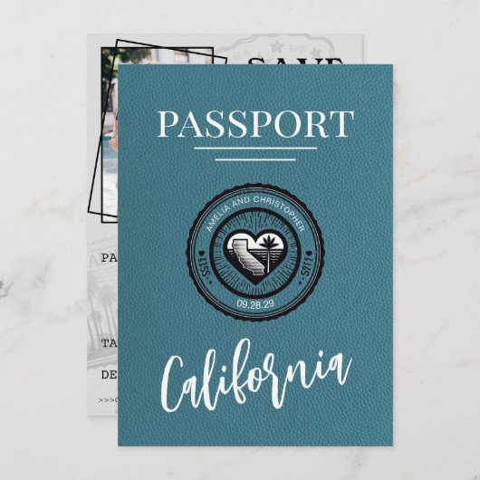 Cyaan California Passport Bewaar de datum Save The Date (Voorkant / Achterkant)