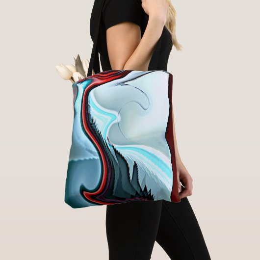 Cyaan en rood zigzaggend over witte golvis tote bag (Dichtbij)