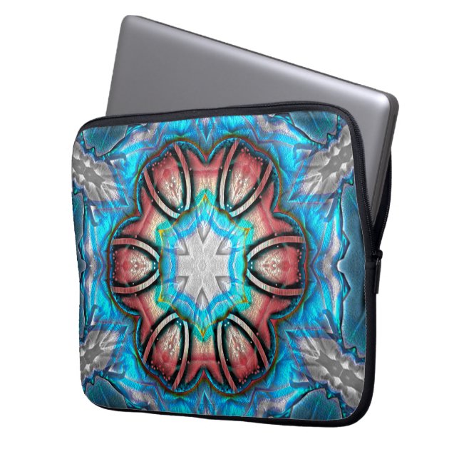 Cyaan- en zilverkaleidoscoop, ruw geschilderd laptop sleeve (Voorkant Links)