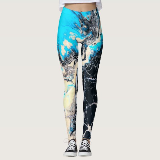 Cyaan- en zwarte vloeibare acrylverf Kunst Leggings (Voorkant)