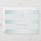 Cyaan Green Shimmery Stripes Monogram Save The Date (Voorkant)