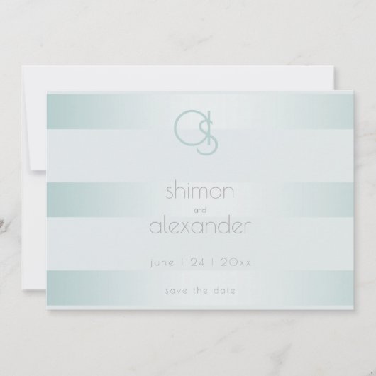 Cyaan Green Shimmery Stripes Monogram Save The Date (Voorkant)