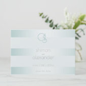 Cyaan Green Shimmery Stripes Monogram Save The Date (Staand voorkant)