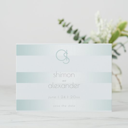 Cyaan Green Shimmery Stripes Monogram Save The Date (Staand voorkant)