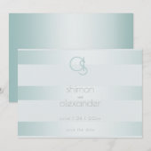 Cyaan Green Shimmery Stripes Monogram Save The Date (Voorkant / Achterkant)