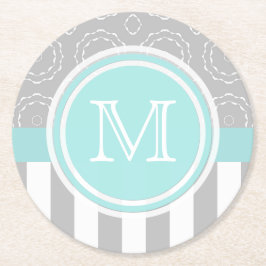 Cyaan, grijs en witte motif, gesneden monogram Ond Ronde Kartonnen Onderzetter